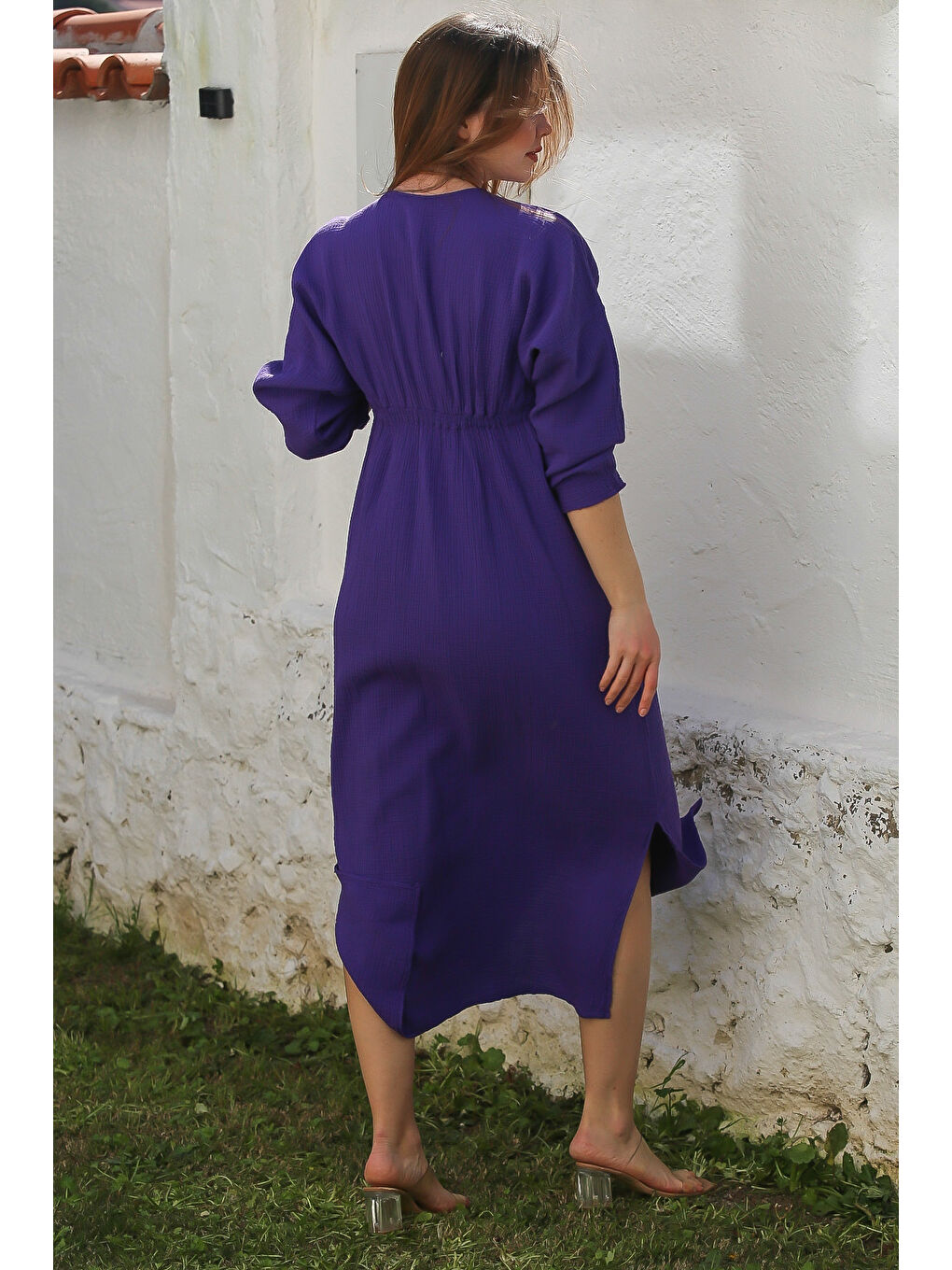 Mor Kruvaze Yaka 3/4 Kol Yıkamalı Yırtmaçlı Casual Müslin Uzun Dokuma Elbise 130 60-7