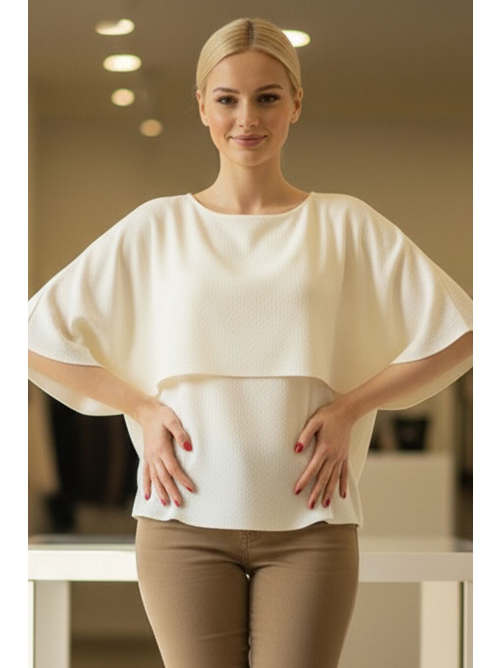 Ekru İtalyan Krem Rengi Kayık Yaka Mendil Kol Casual Akrilik Triko Kazak 55 60