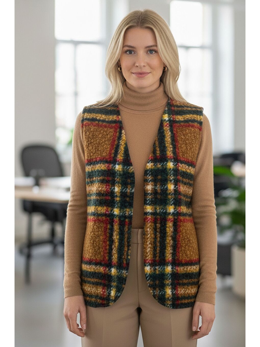 Sarı İtalyan Hardal V Yaka Kolsuz Ekose Kapamasız Kalın Casual Akrilik Dokuma Yelek 64 54