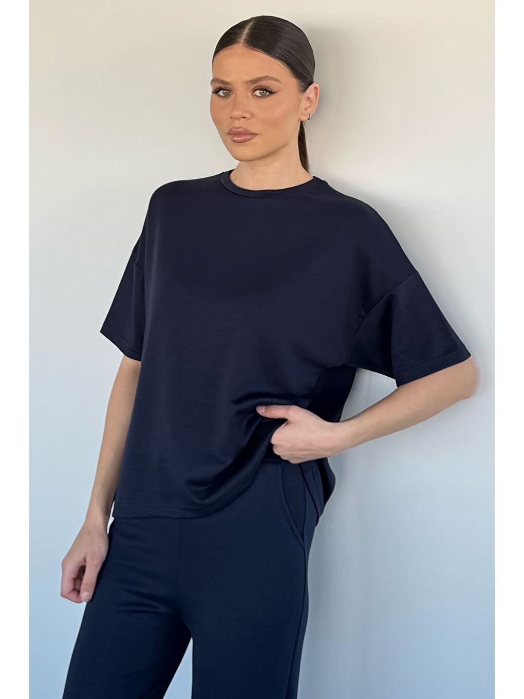 Lacivert Kadın Bisiklet Yaka Tişört Bel Lastikli Palazzo Pantolon İkili Takım-2