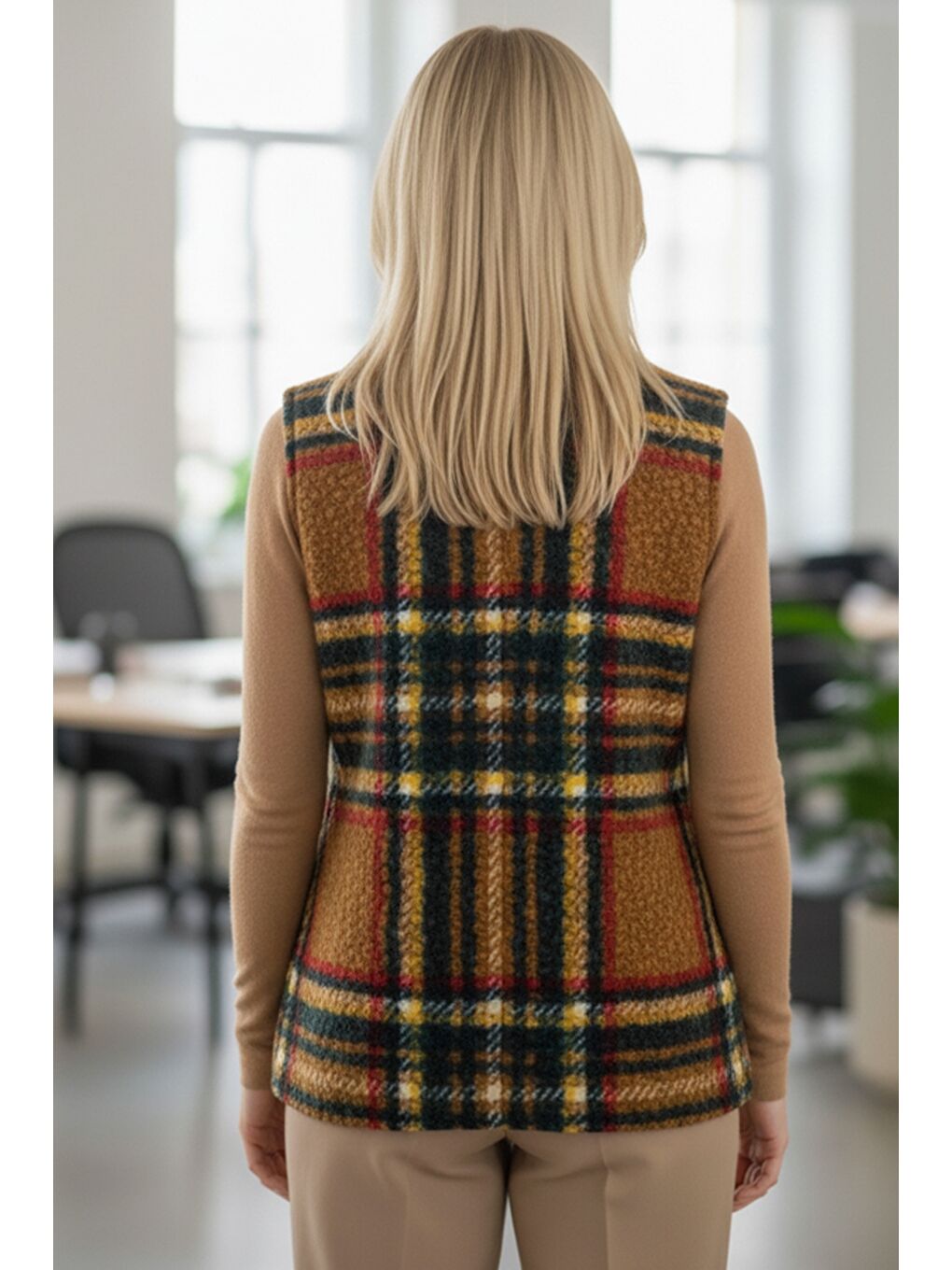 Sarı İtalyan Hardal V Yaka Kolsuz Ekose Kapamasız Kalın Casual Akrilik Dokuma Yelek 64 54-1