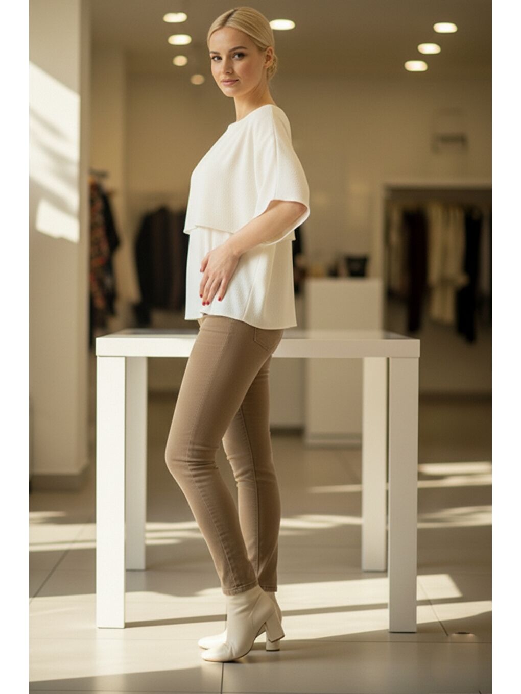 Ekru İtalyan Krem Rengi Kayık Yaka Mendil Kol Casual Akrilik Triko Kazak 55 60-3