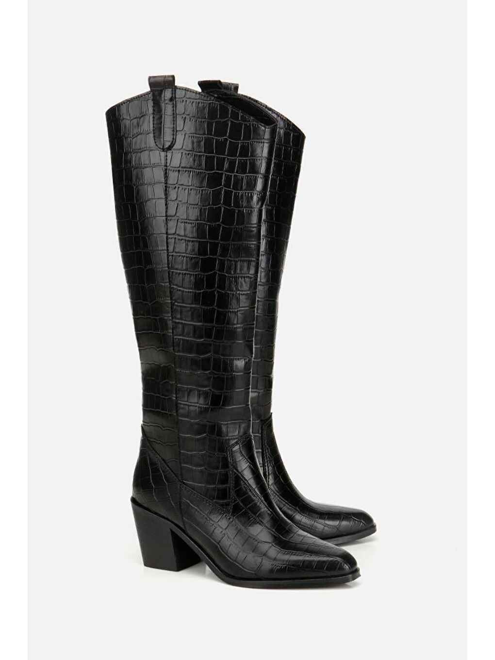 Kadın Siyah Kroko Desenli Kovboy Topuklu Çizme-1