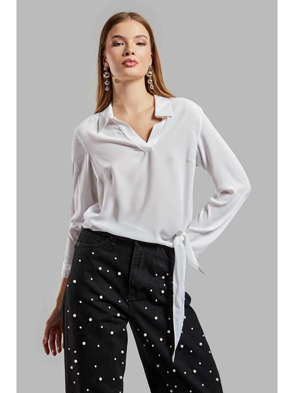 Beyaz Kadın Ekru Renk Yandan Bağcıklı İpek Kumaş Rahat Kesim Bluz-3