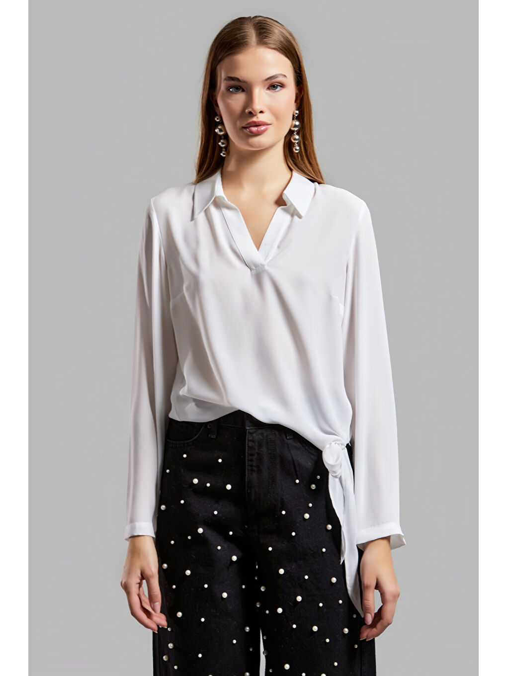Beyaz Kadın Ekru Renk Yandan Bağcıklı İpek Kumaş Rahat Kesim Bluz-4
