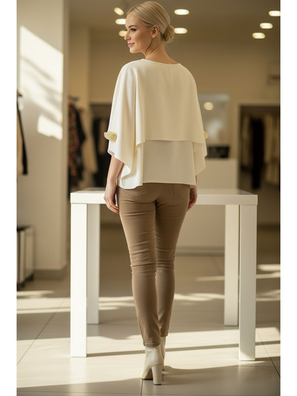 Ekru İtalyan Krem Rengi Kayık Yaka Mendil Kol Casual Akrilik Triko Kazak 55 60-4