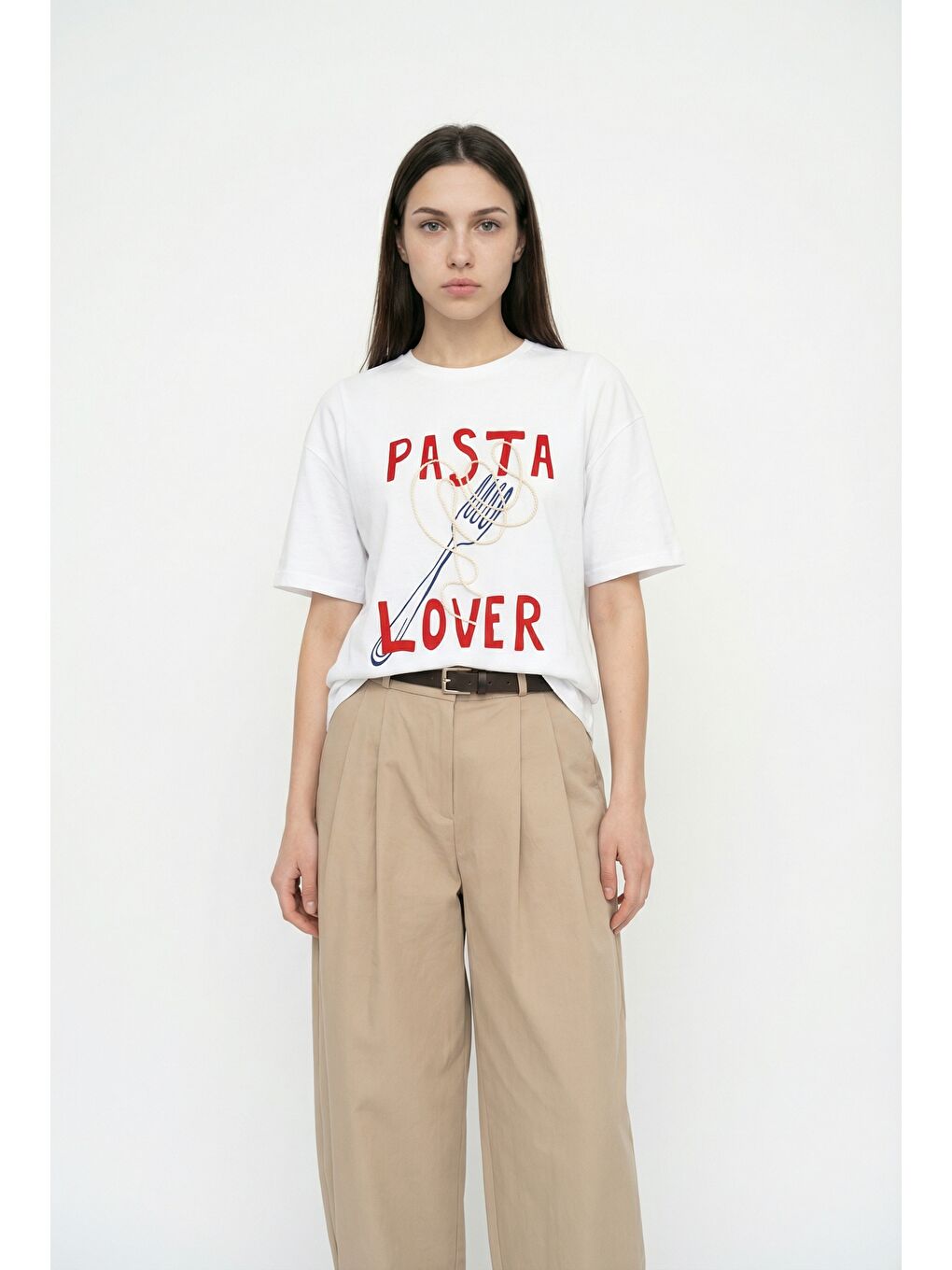 Pasta Lover Baskılı Oversize Tişört Beyaz