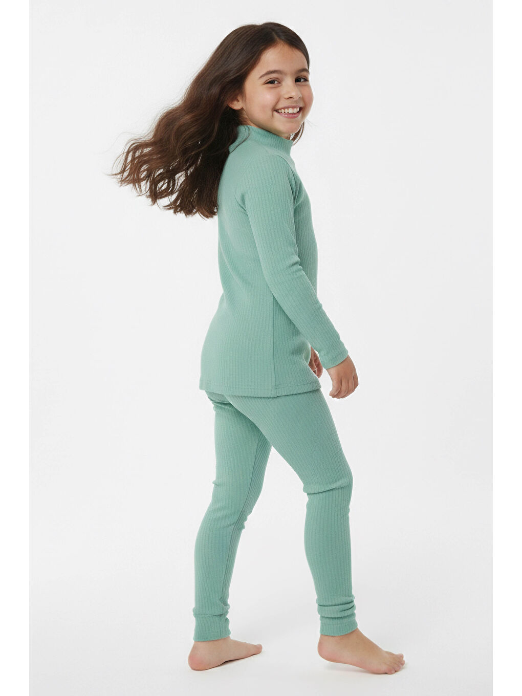 Yeşil Kız Çocuk Mint Fitilli Ribana Takım - 28104-MINT-1