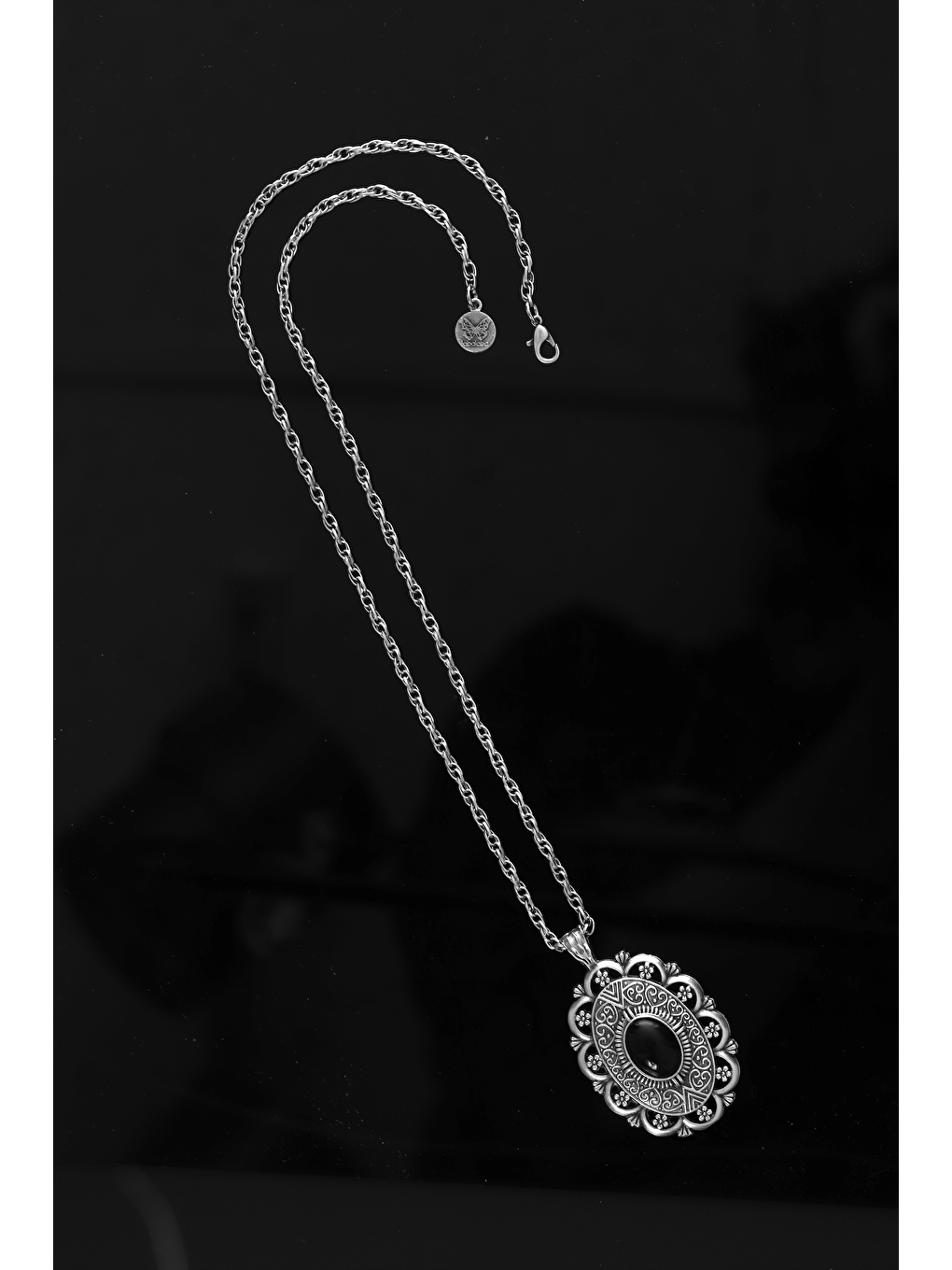 Gri Kadın Antik Gümüş Kaplama Siyah Boncuklu Bohem Uçlu Uzun Zincir Kolye-2