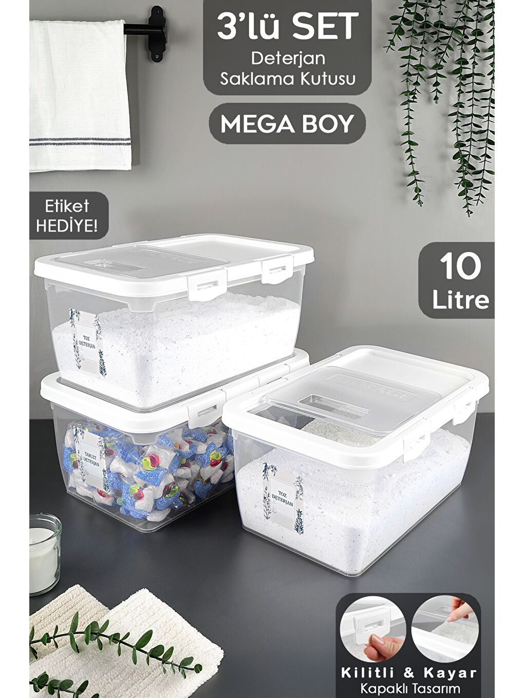 3 Adet Etiketli Deterjan Saklama Kutusu   Kilitli Kayar Kapak Tablet Toz Deterjan Kabı 10 Lt Beyaz