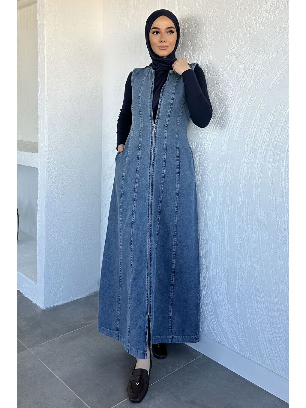 Mavi Boydan Fermuarlı Jean Jean Tesettür Elbise