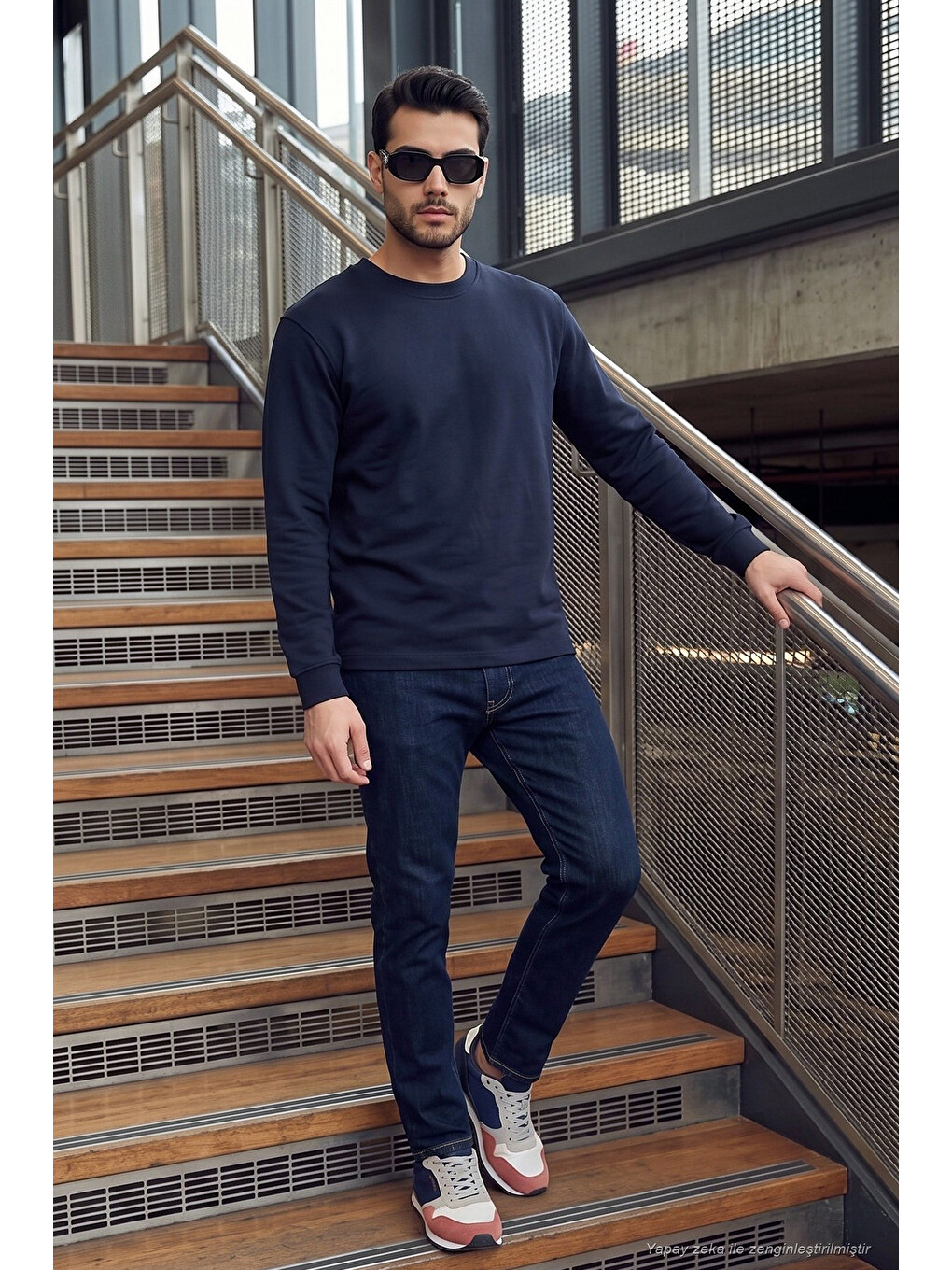 Lacivert Pamuk Karışımlı Relaxed Fit Bisiklet Yaka Sweat 5905837