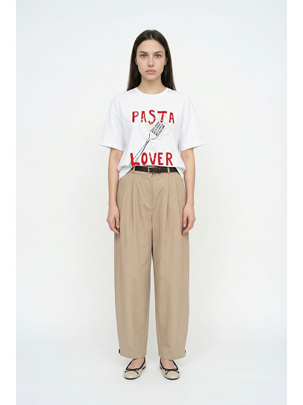 Pasta Lover Baskılı Oversize Tişört Beyaz-1