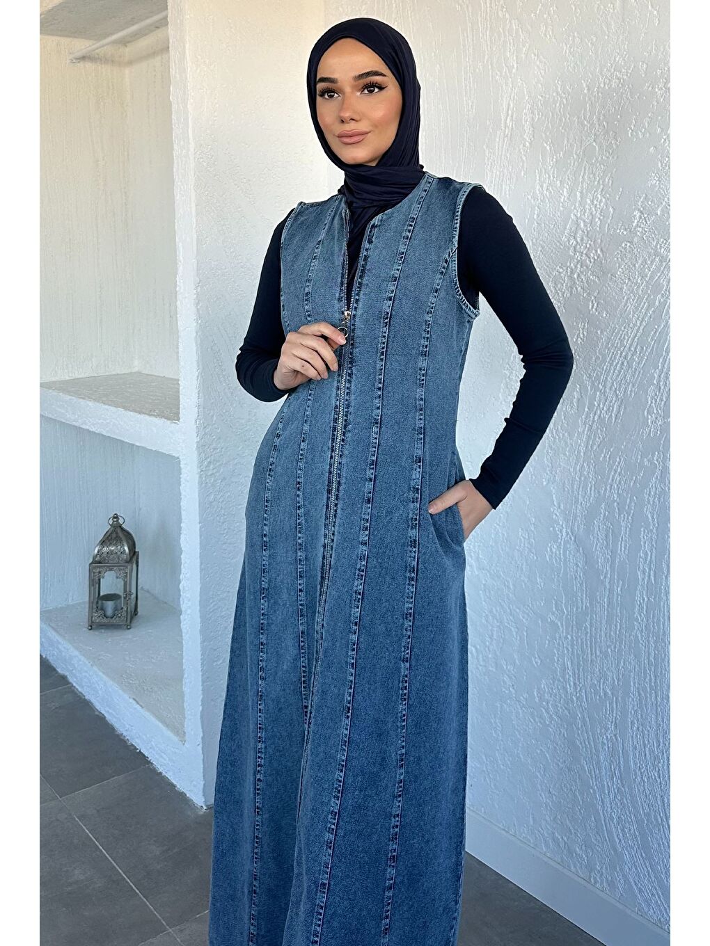 Mavi Boydan Fermuarlı Jean Jean Tesettür Elbise-2