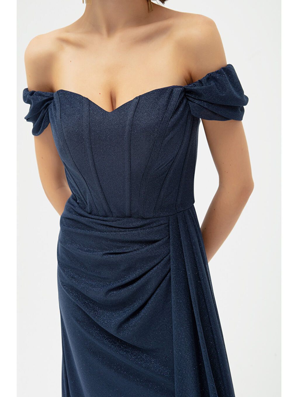 Kadın Lacivert Balen Korse Detaylı Simli Uzun Abiye Elbise-1