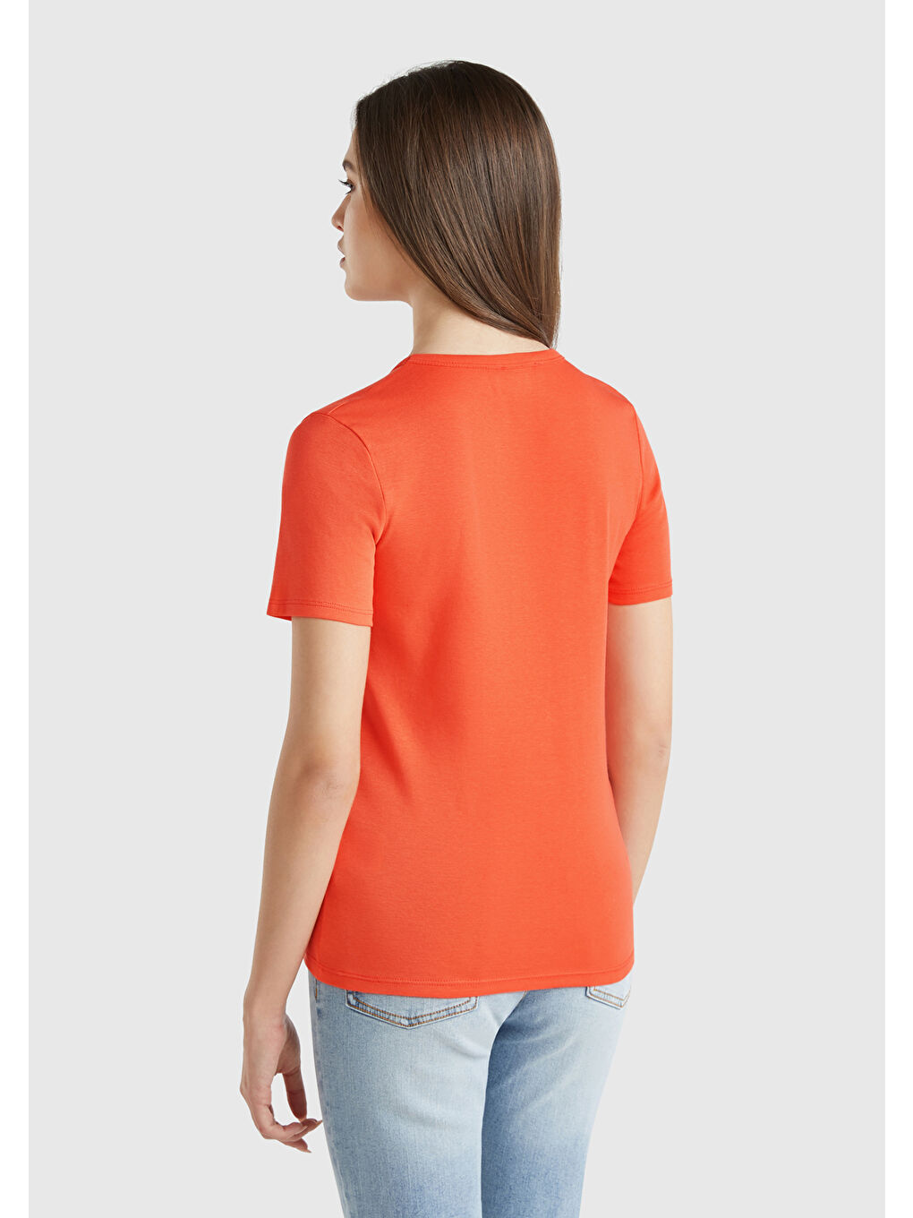 Kadın Turuncu 100 Pamuk Basic Kısa Kollu Bisiklet Yaka T Shirt-1