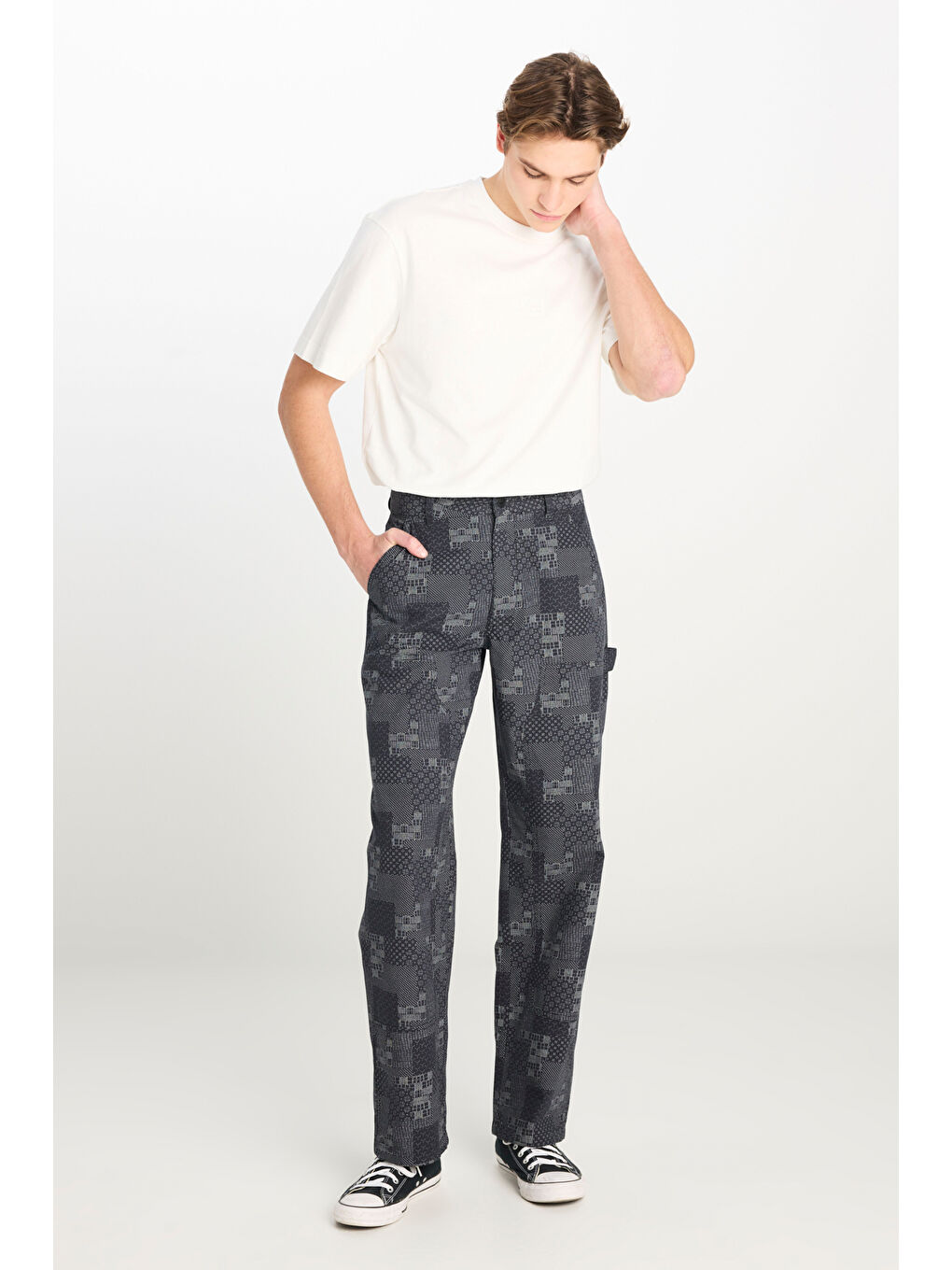%100 Pamuk Carpenter Fit Geniş Kesim Desenli Siyah Pantolon-1