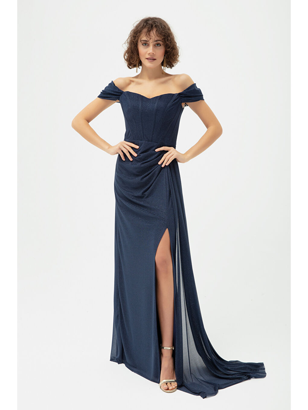 Kadın Lacivert Balen Korse Detaylı Simli Uzun Abiye Elbise-2