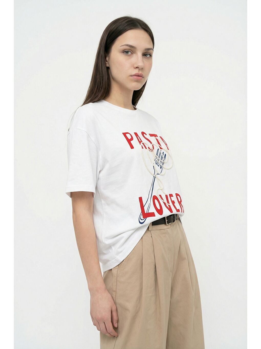 Pasta Lover Baskılı Oversize Tişört Beyaz-2