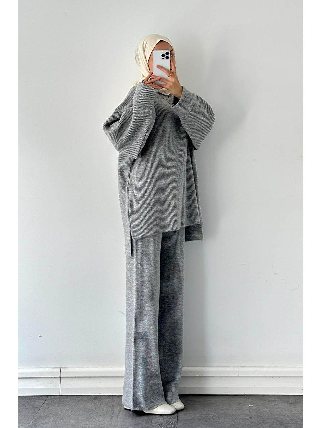 Fitilli Triko Takım Gri