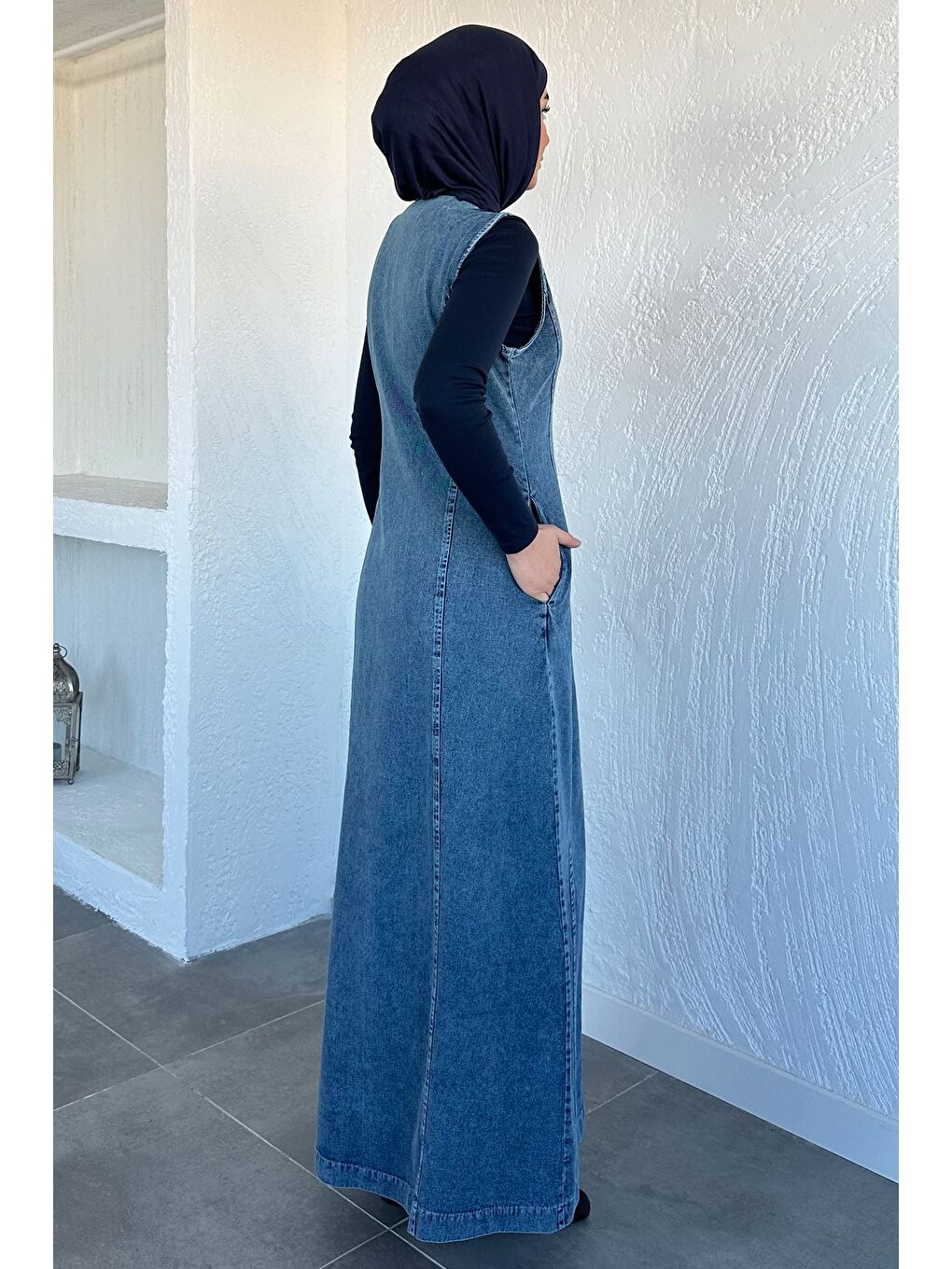 Mavi Boydan Fermuarlı Jean Jean Tesettür Elbise-5