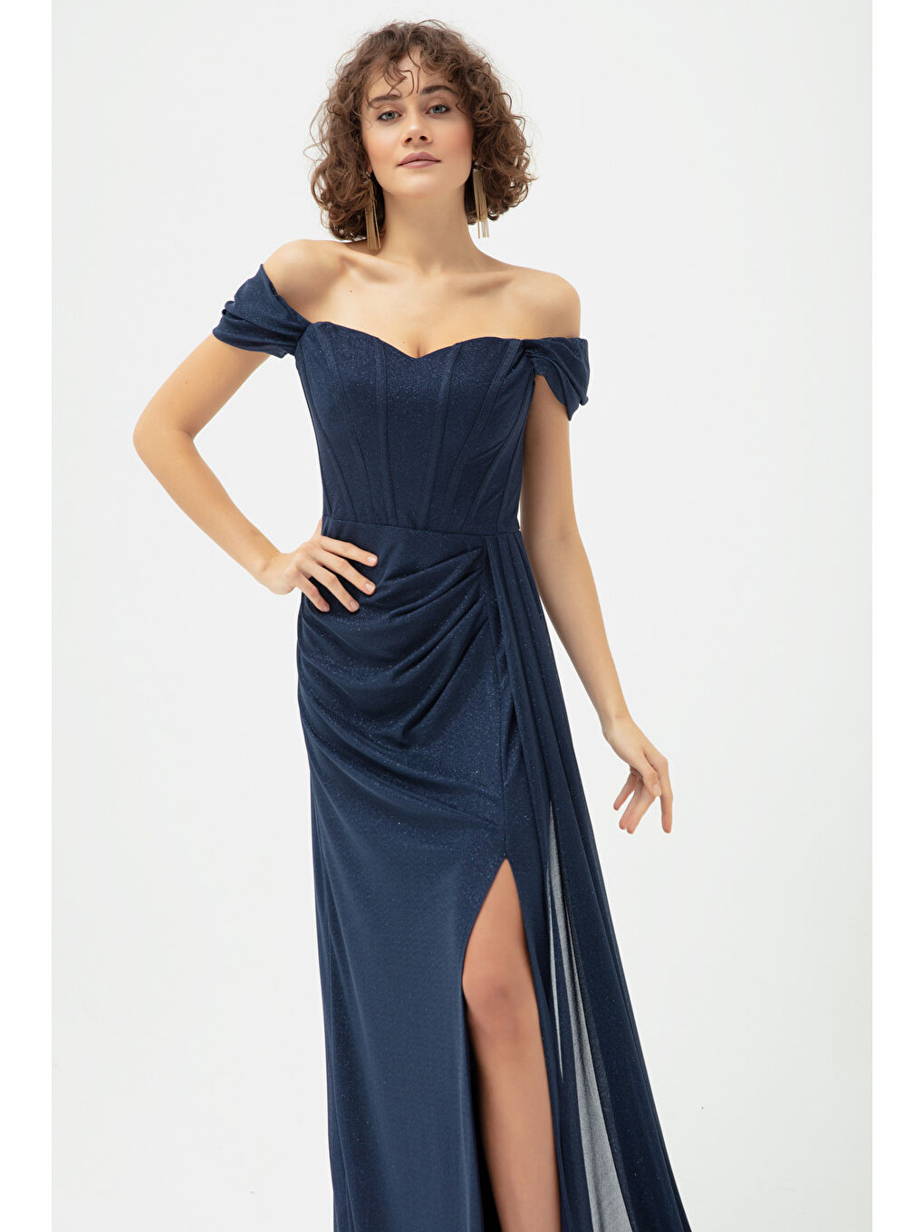 Kadın Lacivert Balen Korse Detaylı Simli Uzun Abiye Elbise-3