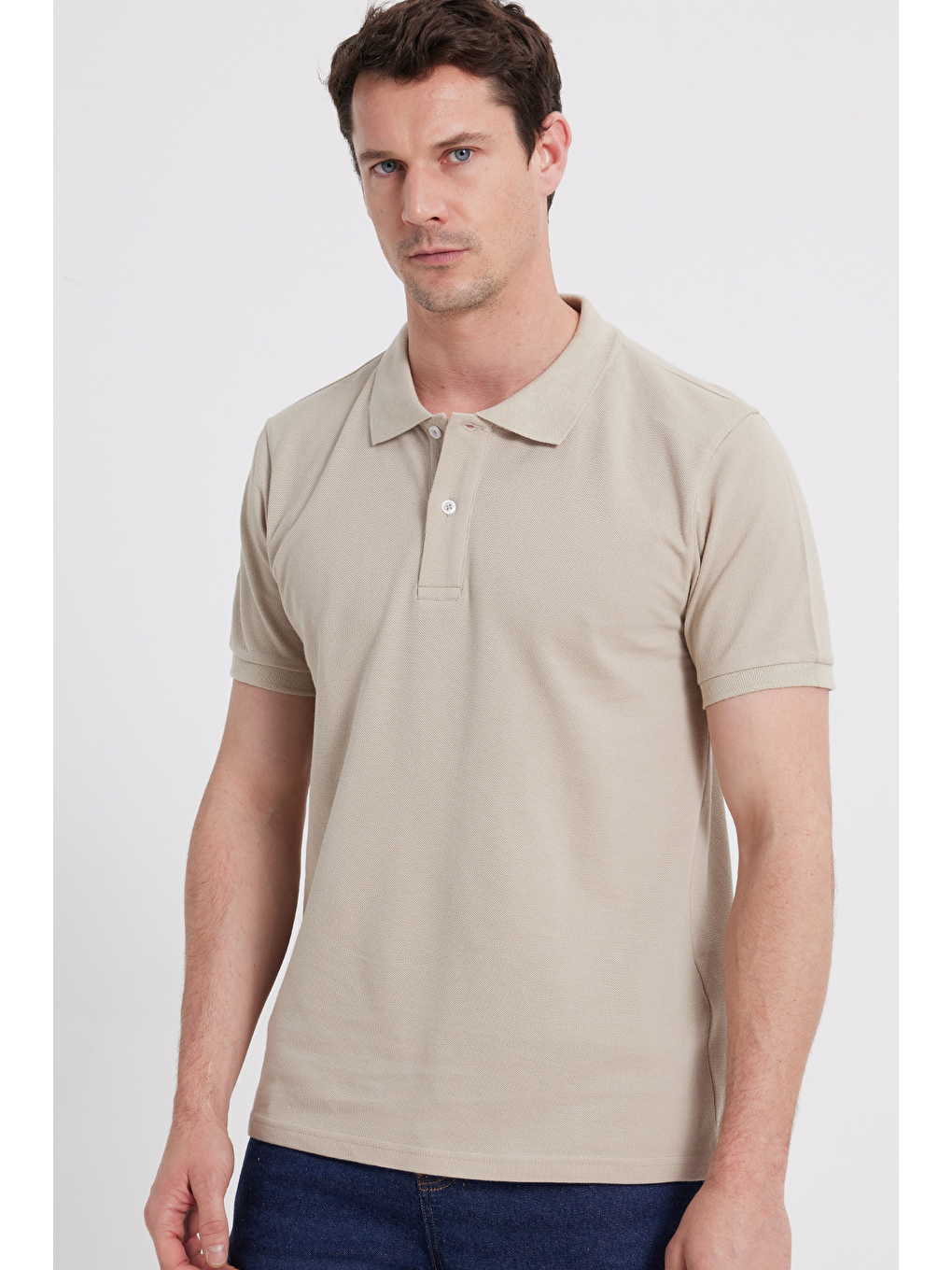 Erkek Slim Fit Dar Kesim %100 Pamuk Kısa Kollu Polo Yaka Bej Tişört