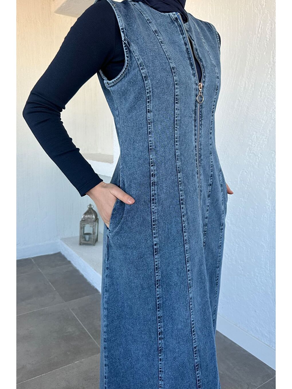 Mavi Boydan Fermuarlı Jean Jean Tesettür Elbise-7