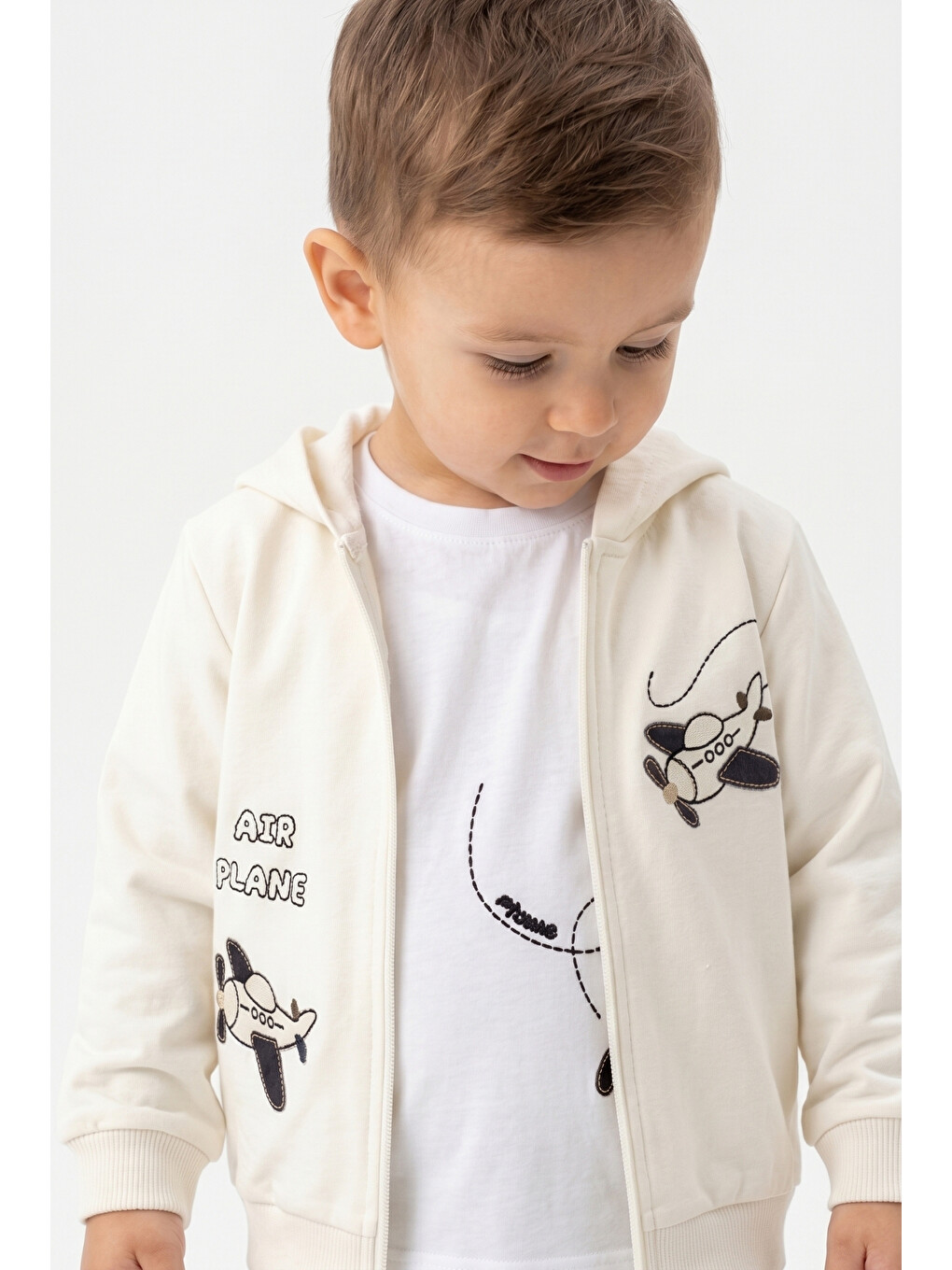 Gri Erkek Çocuk 3'lü Eşofman Takımı Uzun Kollu Bisiklet Yaka Nakışlı T-shirt - Kapüşonlu Fermuarlı Hırka-4