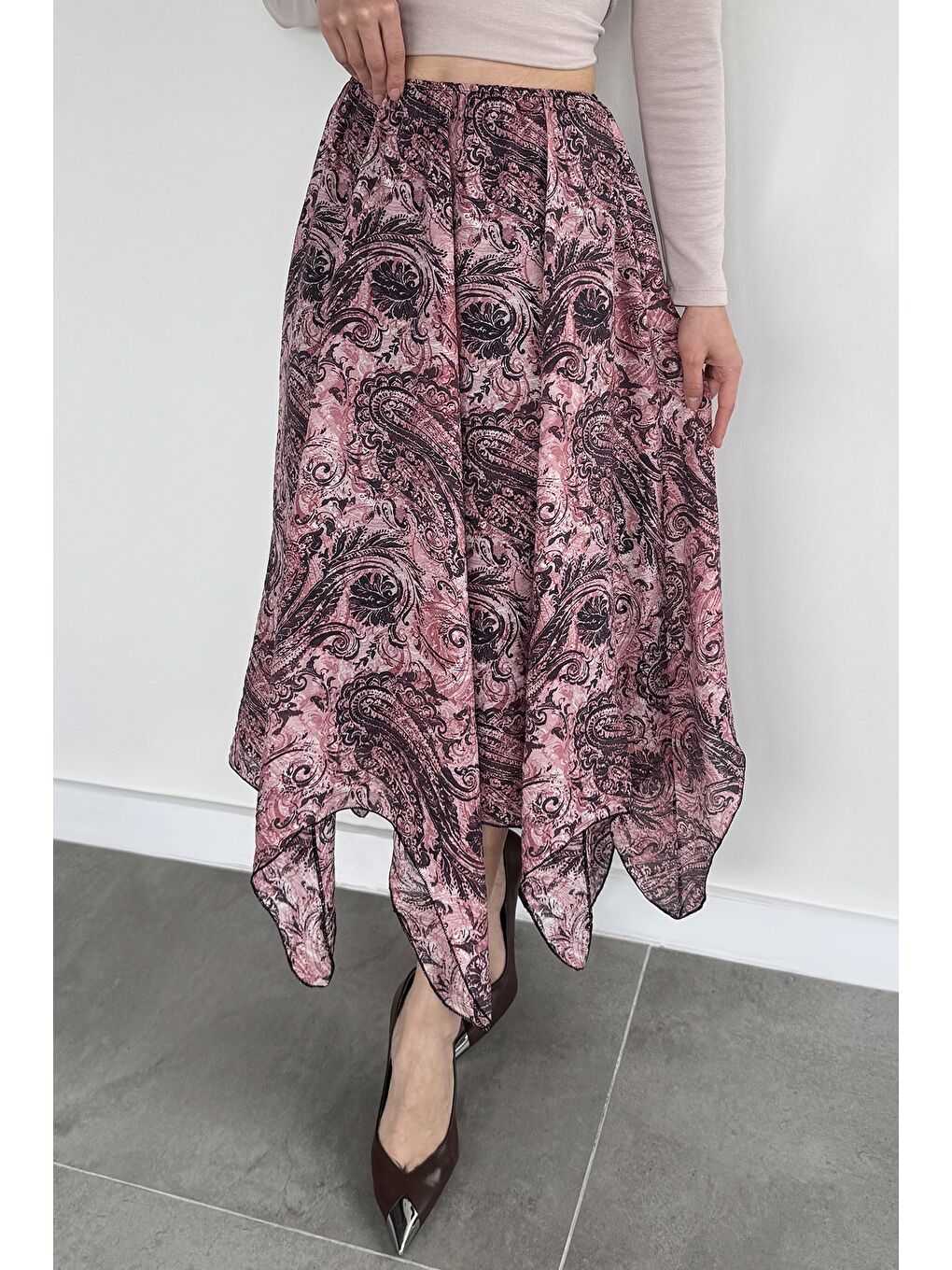 Pembe Kadın Bel Lastikli İç Astarlı Asimetrik Kesim Desenli Etek-2