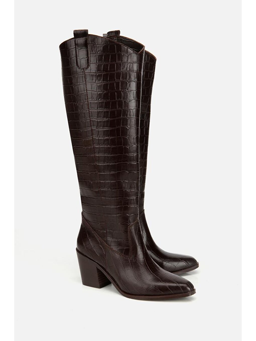 Kadın Kahverengi Kroko Desenli Kovboy Topuklu Çizme-1