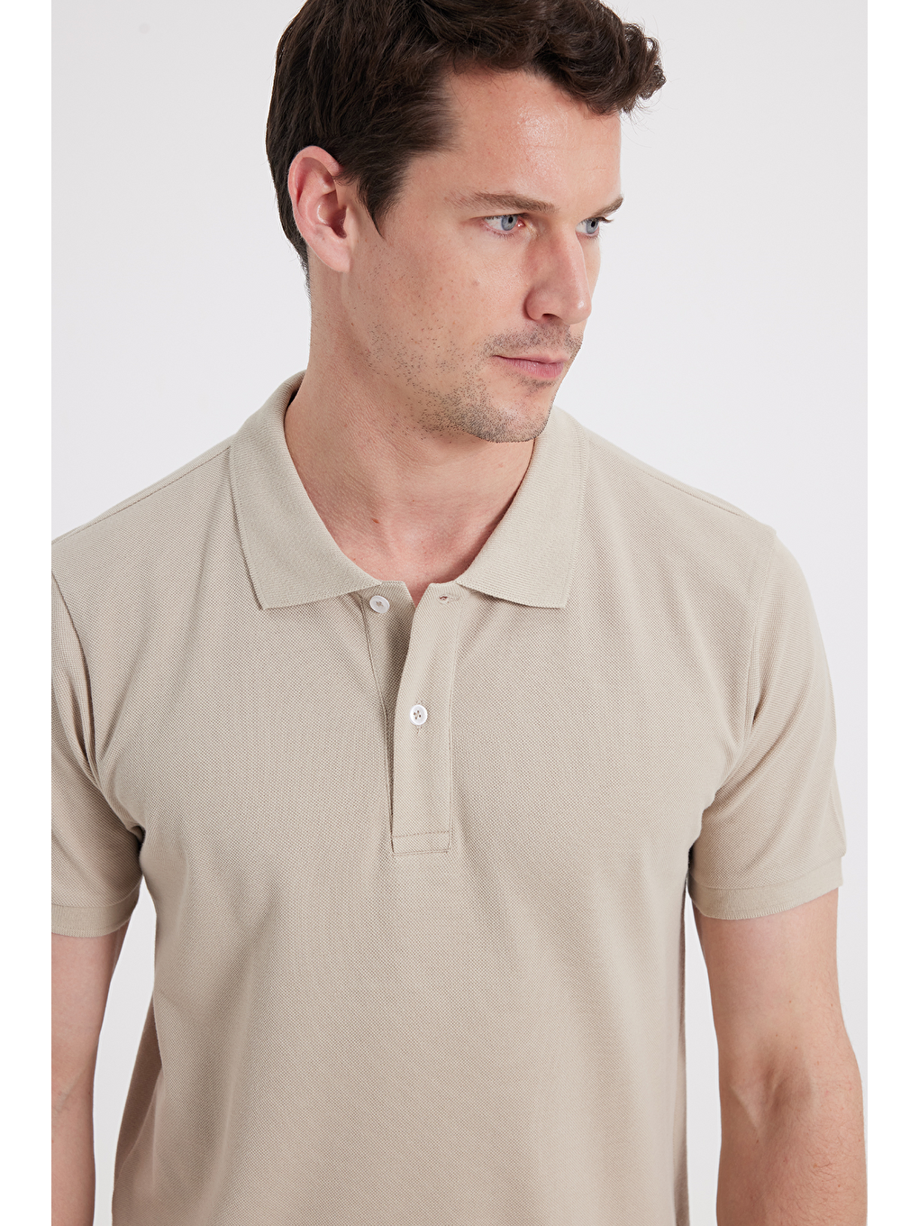 Erkek Slim Fit Dar Kesim %100 Pamuk Kısa Kollu Polo Yaka Bej Tişört-1