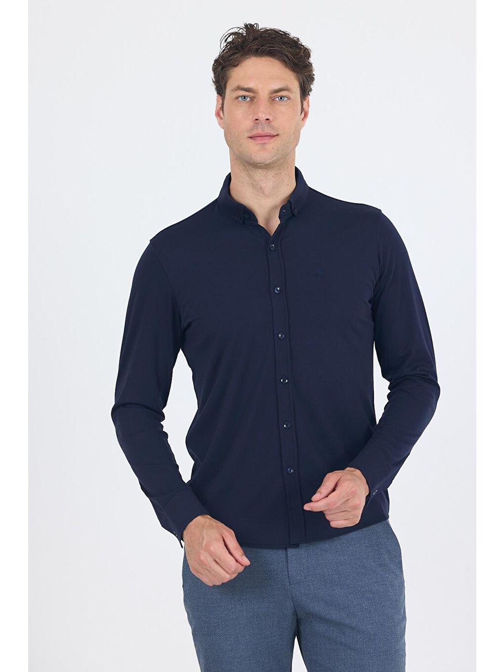 Koyu Lacivert İtalyan Düğmeli Yaka Uzunkol Cepsiz Slim Fit Gömlek 1004250254-2