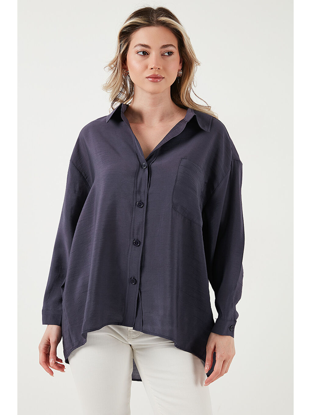 Antrasit Oversize Cep Detaylı Uzun Kollu Gömlek 25Y0571K1-1