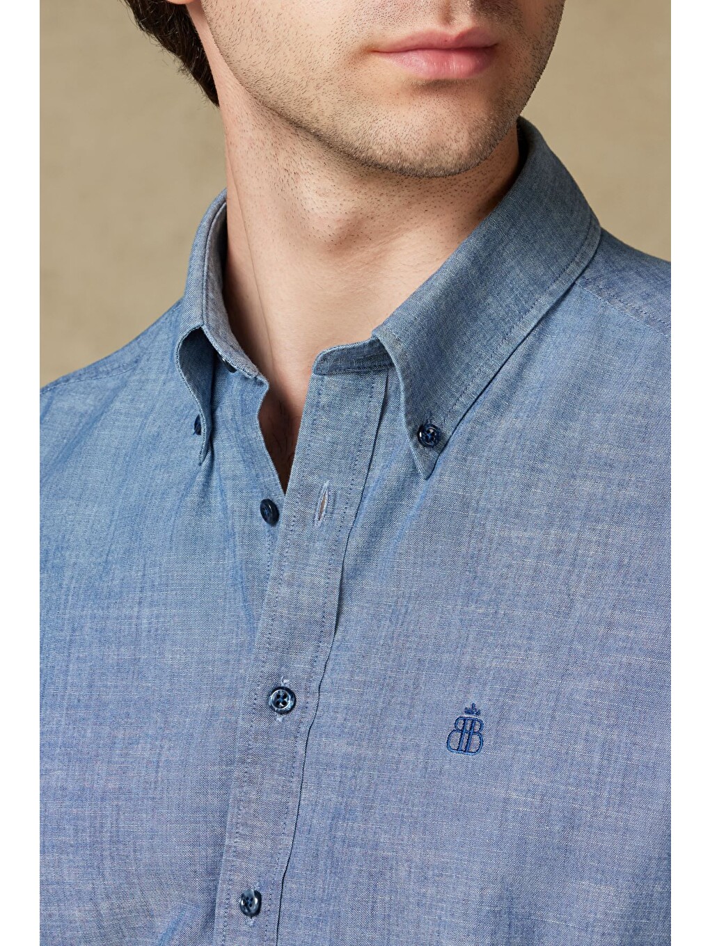 Natte Denim Pamuklu Comfort Fit Açık Mavi Düğmeli Yaka Erkek Düz Gömlek-3