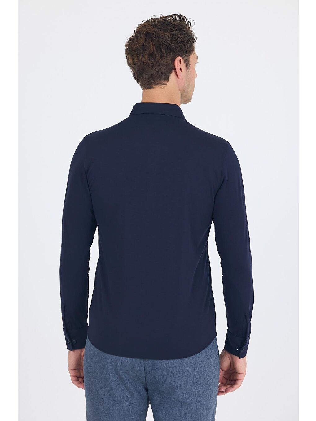 Koyu Lacivert İtalyan Düğmeli Yaka Uzunkol Cepsiz Slim Fit Gömlek 1004250254-4