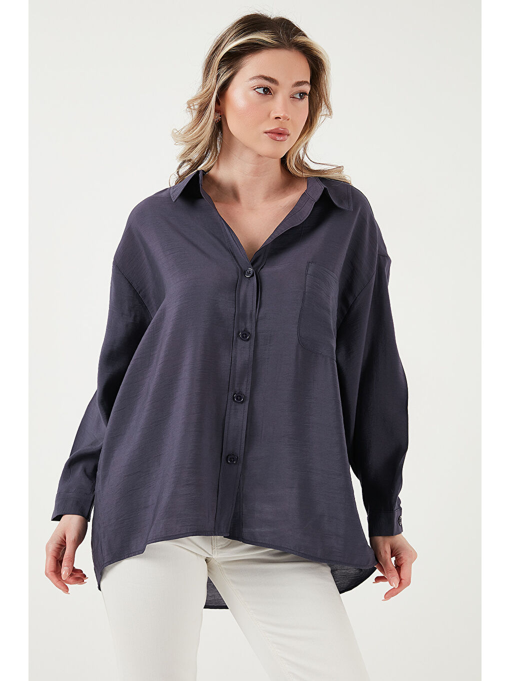 Antrasit Oversize Cep Detaylı Uzun Kollu Gömlek 25Y0571K1-2