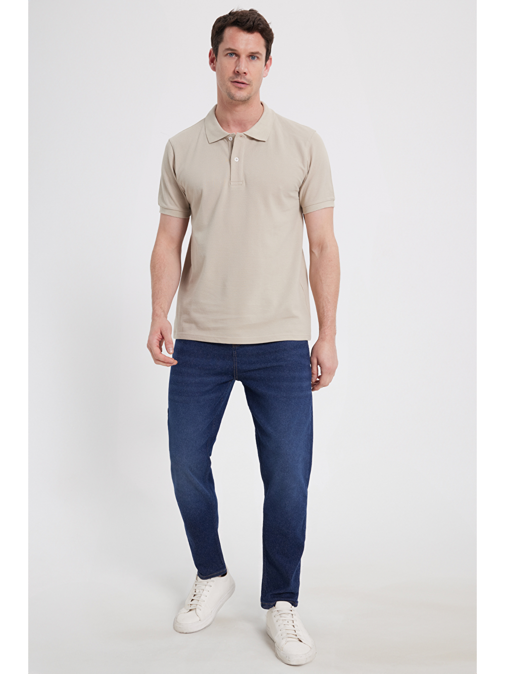 Erkek Slim Fit Dar Kesim %100 Pamuk Kısa Kollu Polo Yaka Bej Tişört-2
