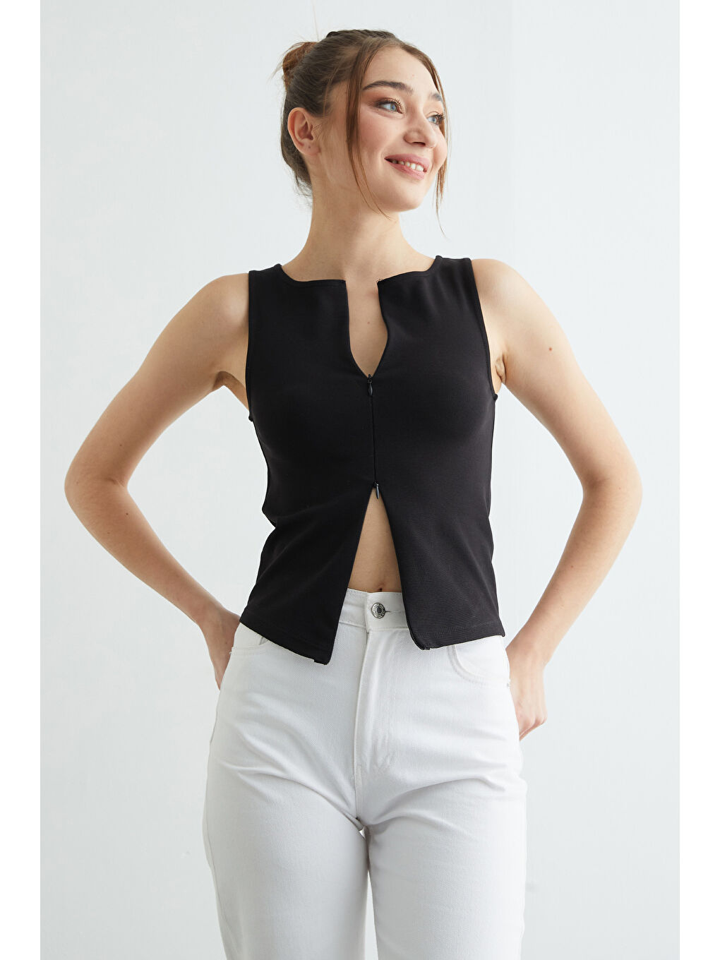 Siyah Basic Çift Fermuarlı Bluz