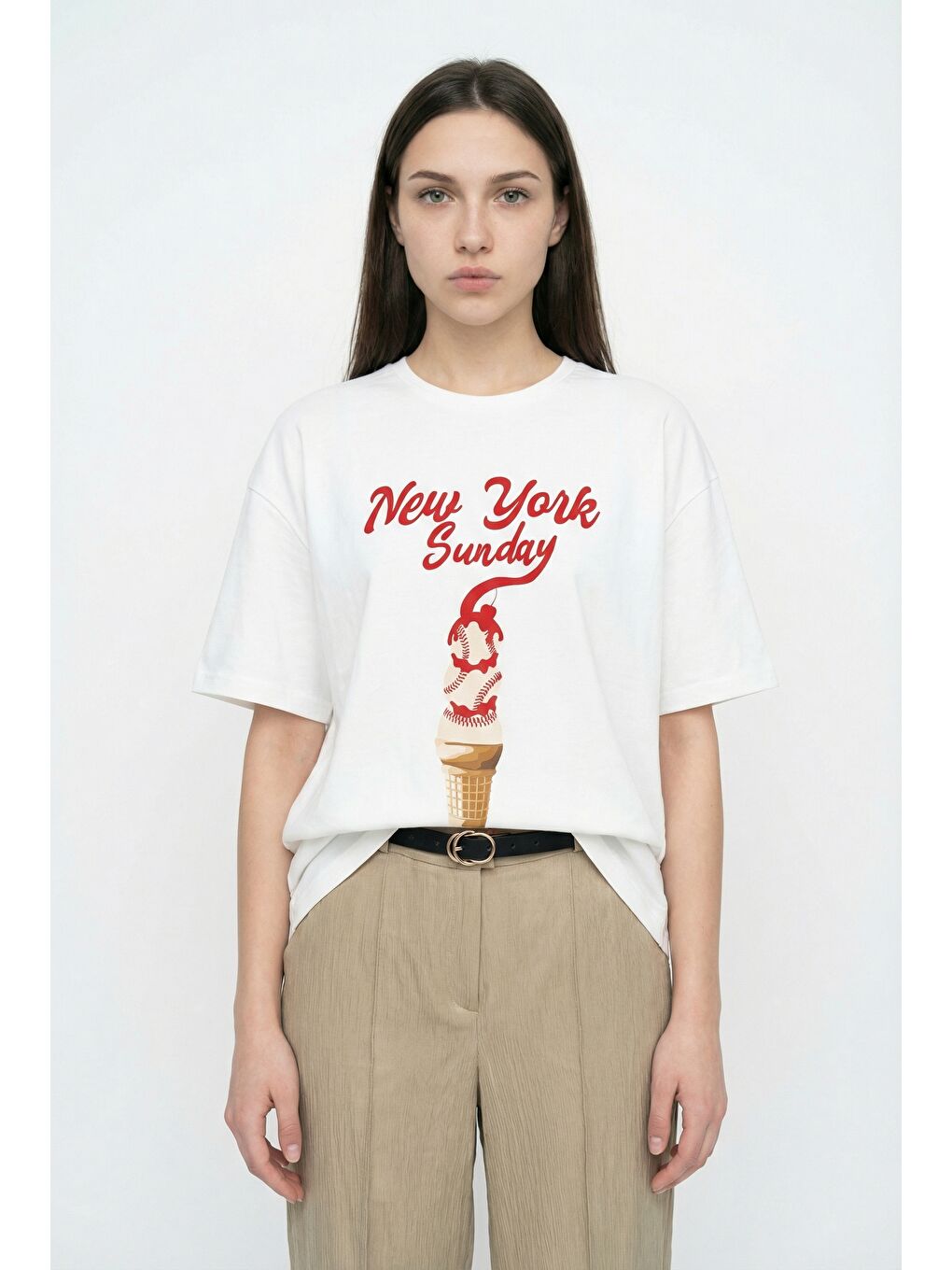 Dondurma Baskılı Oversize Tişört Ekru