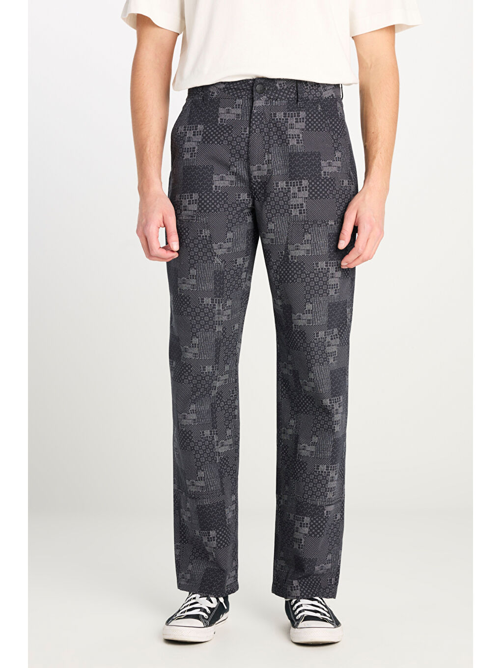 %100 Pamuk Carpenter Fit Geniş Kesim Desenli Siyah Pantolon-2