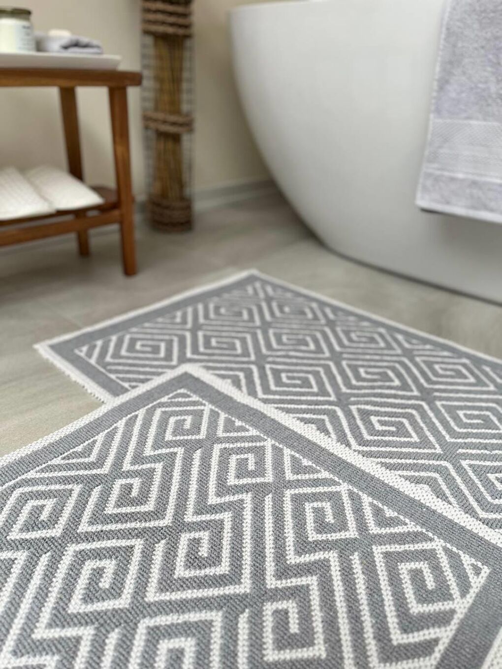 Labirent Doğal Pamuklu 2'li Banyo Paspas Seti 60x100+50x60 Cm - Gri