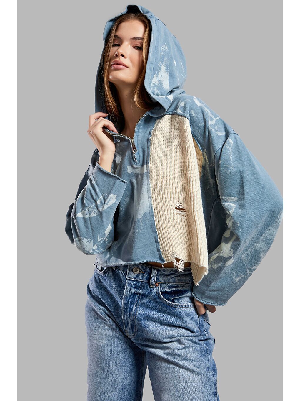 Kadın Mavi Renk Örme Triko Karışımlı Tasarım Sweatshirt