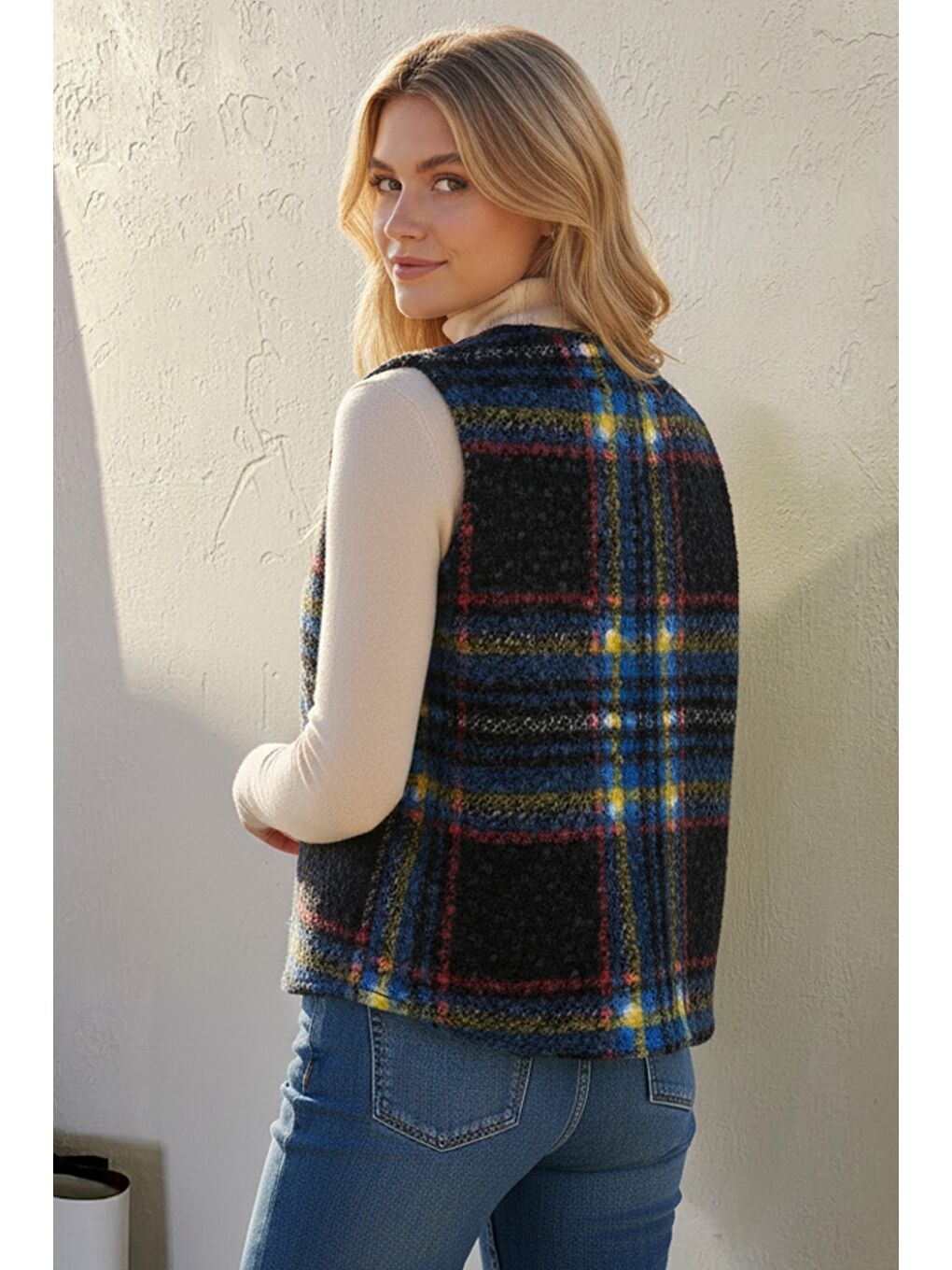 İtalyan Siyah V Yaka Kolsuz Ekose Kapamasız Kalın Casual Akrilik Dokuma Yelek 64 54-1