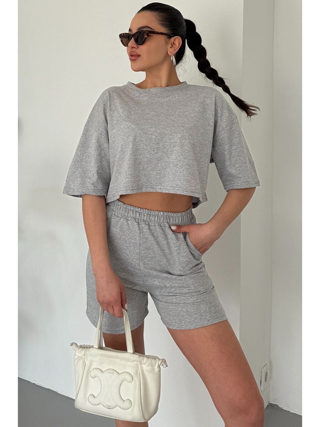 Kadın Grimelanj Bisiklet Yaka Düz Crop Şort Takım