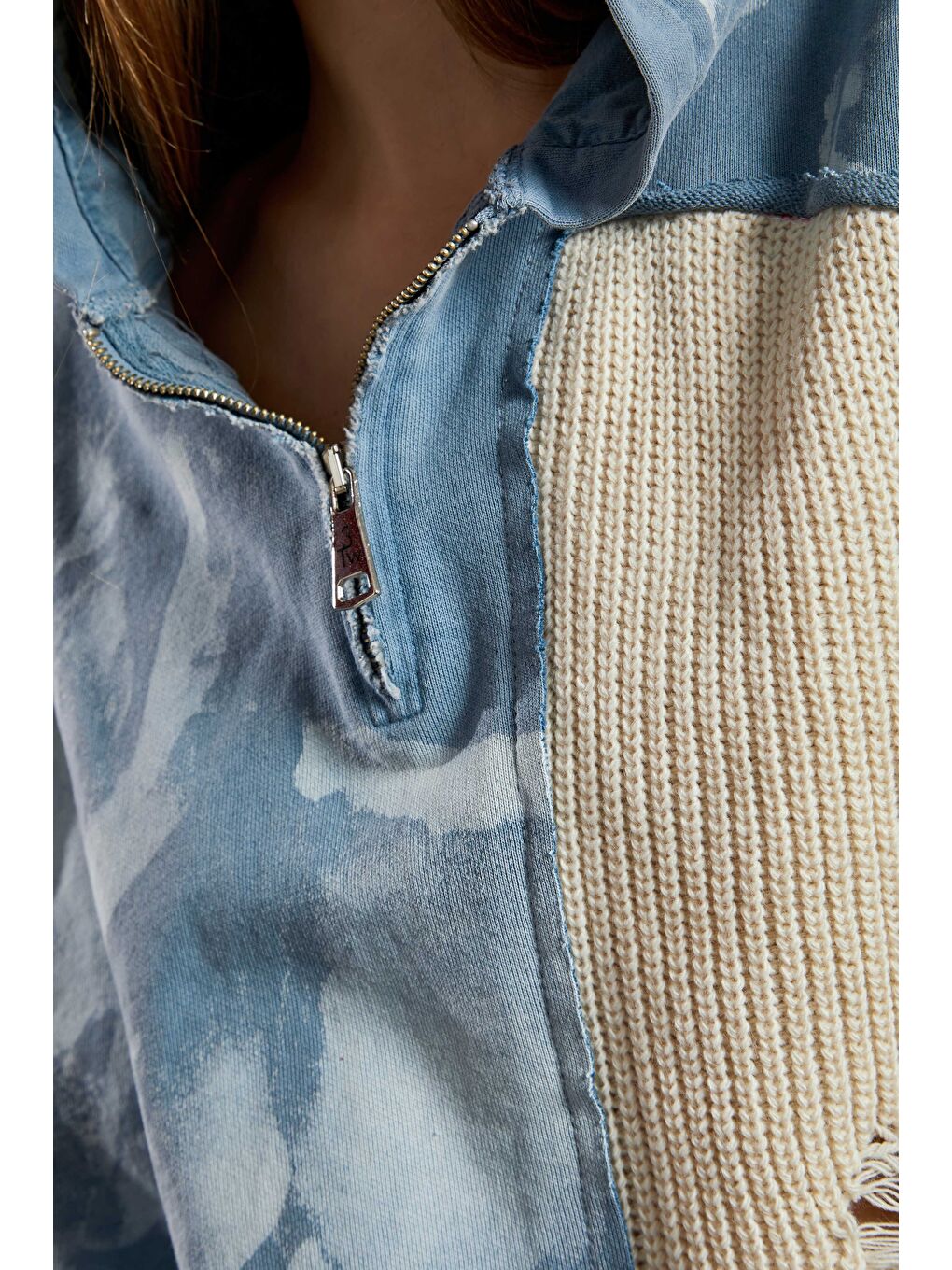 Kadın Mavi Renk Örme Triko Karışımlı Tasarım Sweatshirt-1