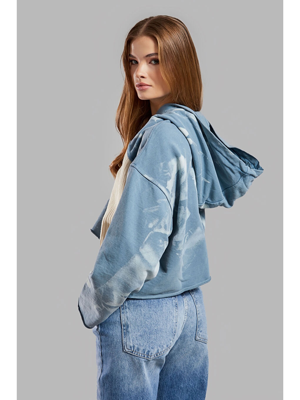 Kadın Mavi Renk Örme Triko Karışımlı Tasarım Sweatshirt-2