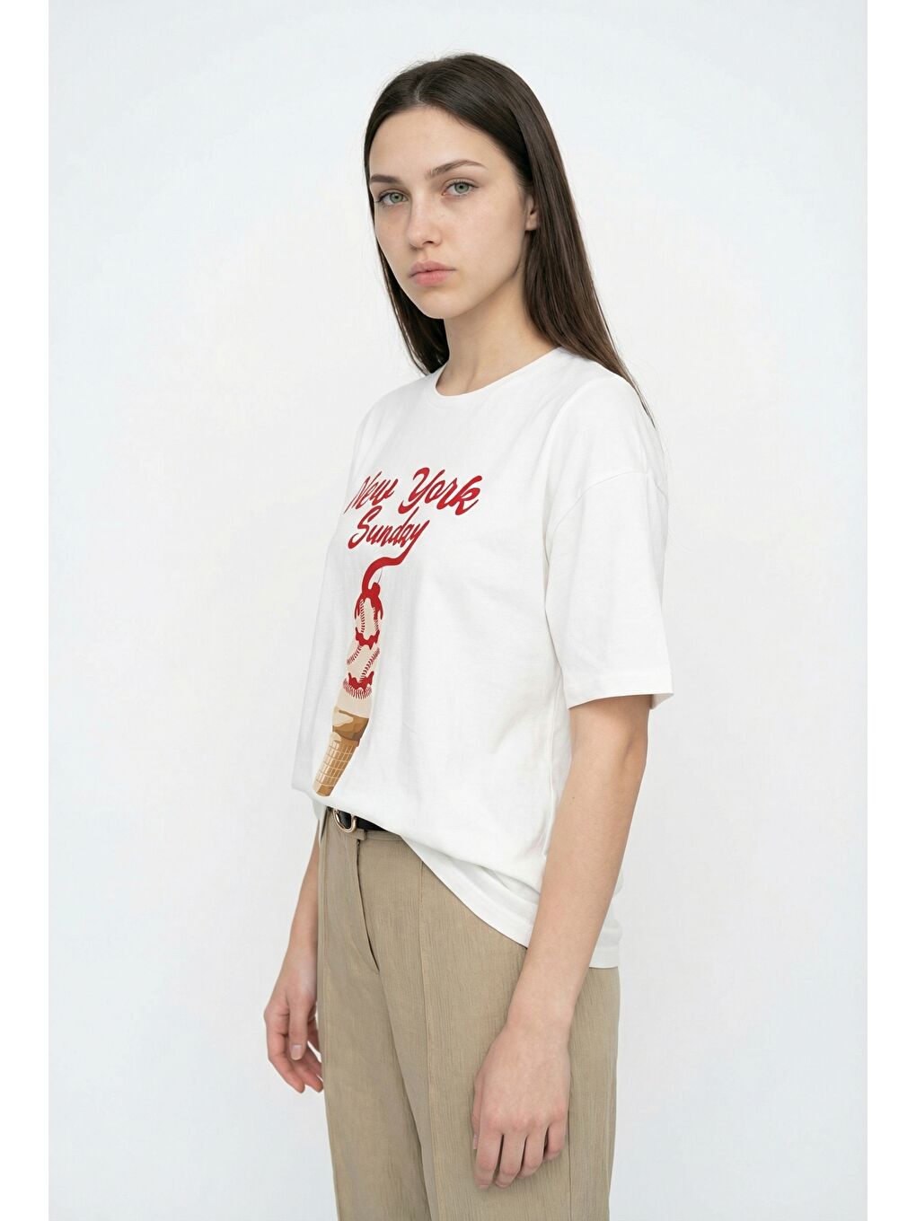 Dondurma Baskılı Oversize Tişört Ekru-1