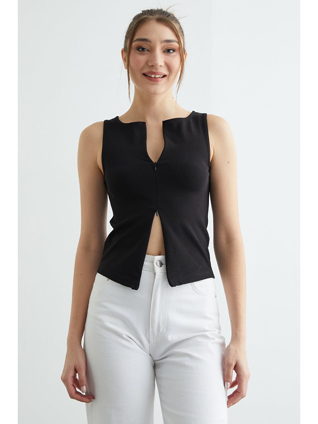 Siyah Basic Çift Fermuarlı Bluz-1