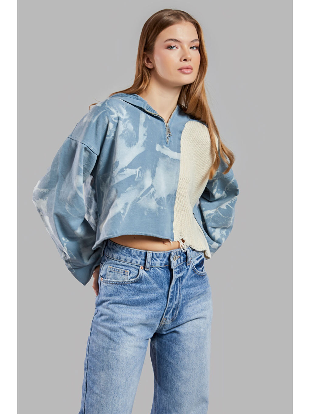 Kadın Mavi Renk Örme Triko Karışımlı Tasarım Sweatshirt-3